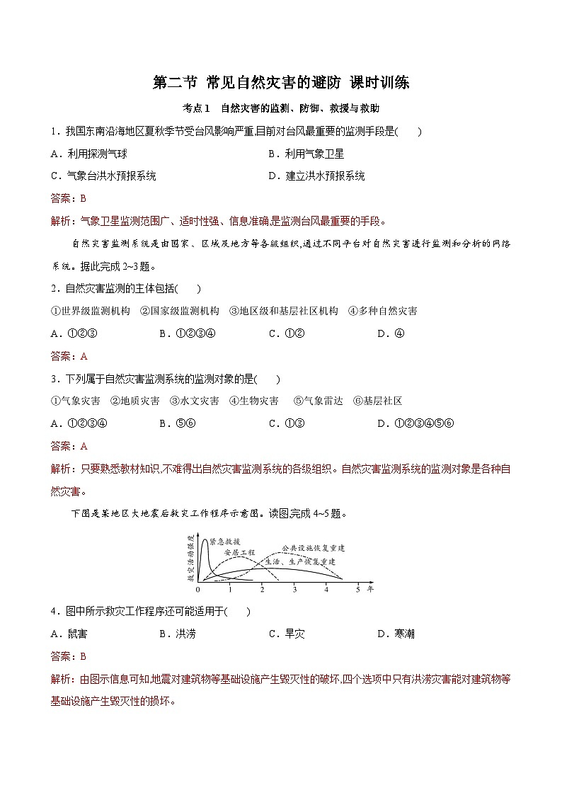 中图版2019 高中地理 必修第一册3.2常见自然灾害的避防（练习）01