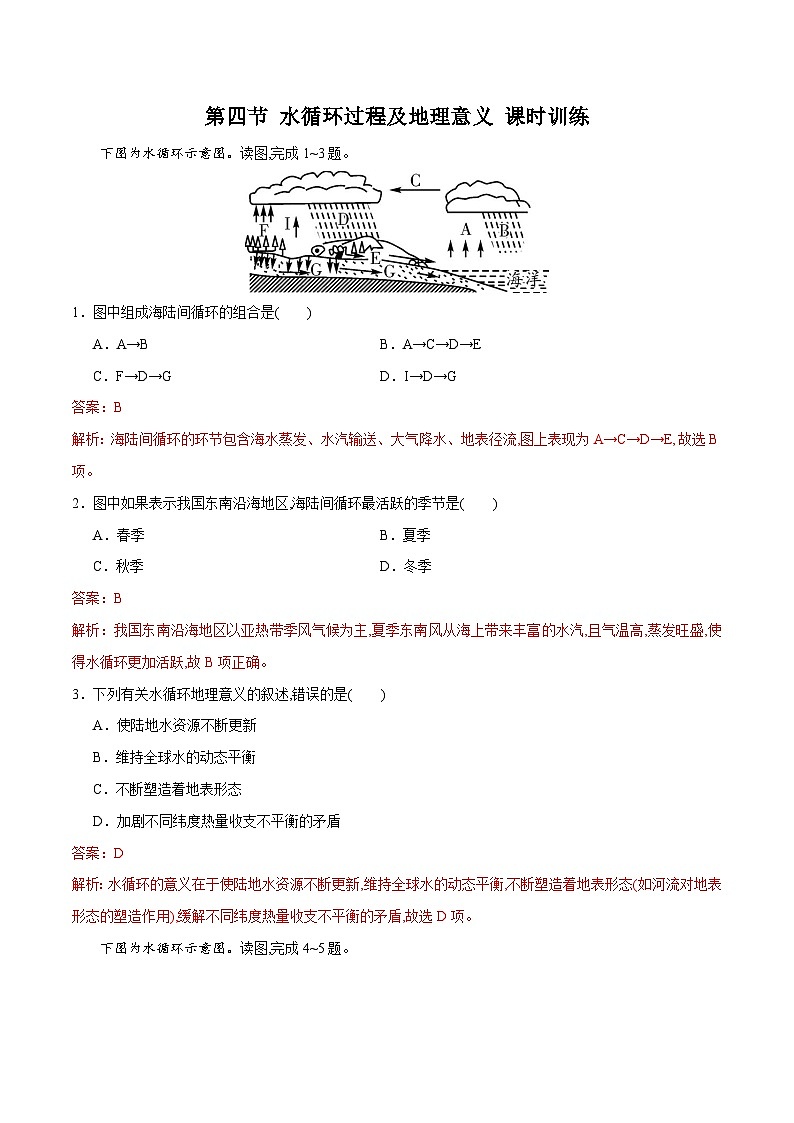中图版2019 高中地理 必修第一册  2.4水循环过程及地理意义（练习）01