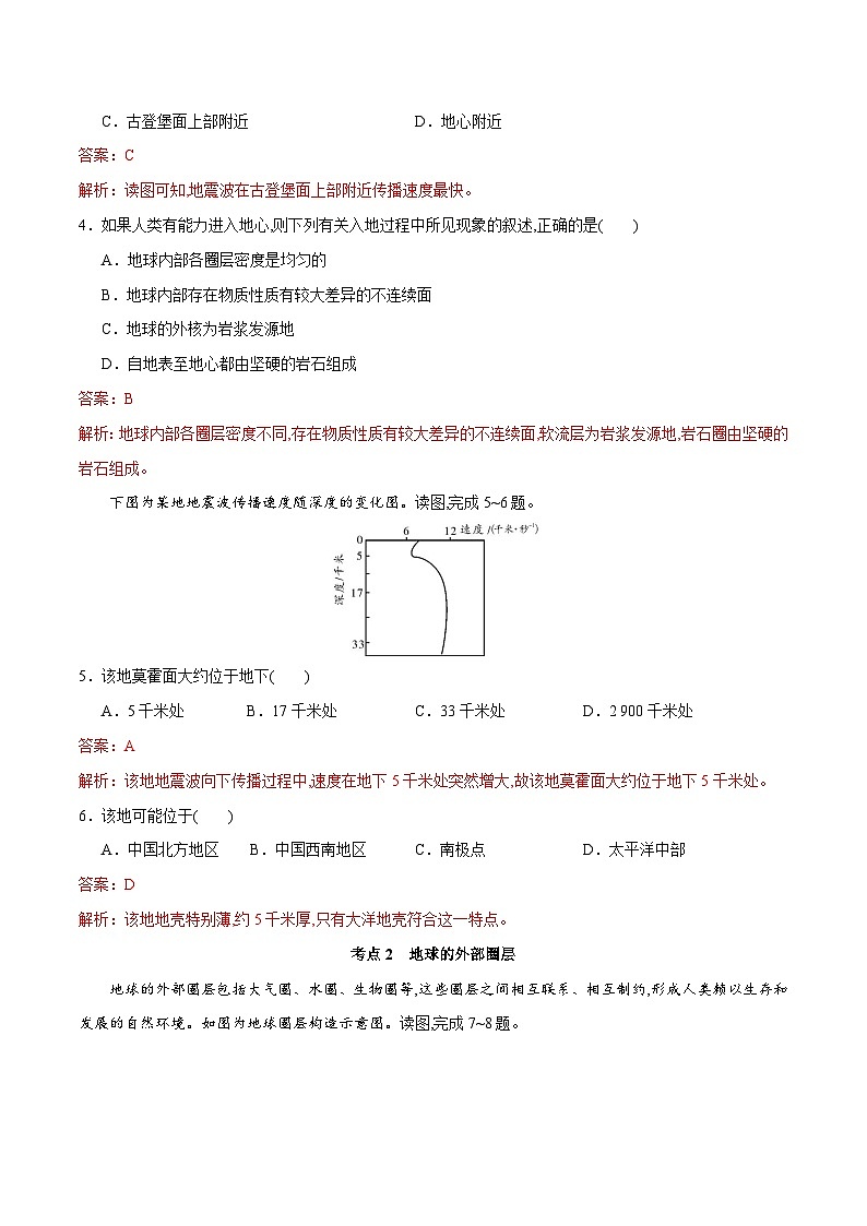 中图版2019 高中地理 必修第一册 1.2地球的圈层结构（练习）02