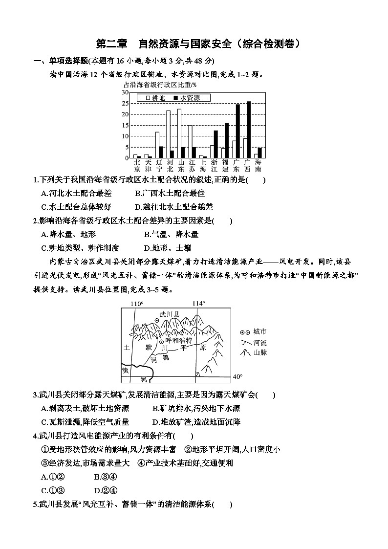 湘教版2019 高中地理 选修三 第二章  自然资源与国家安全（综合检测卷）（附答案）01