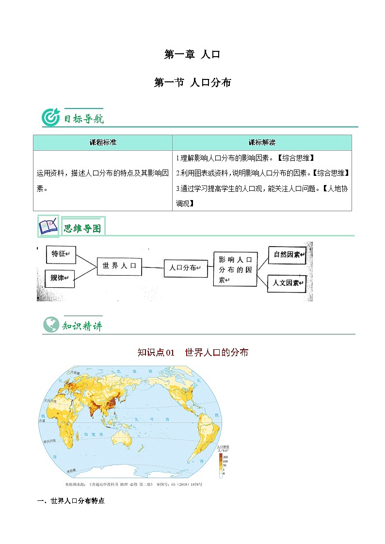 【同步讲义】高中地理（人教版2019）必修第二册--1.1《人口分布》讲义01