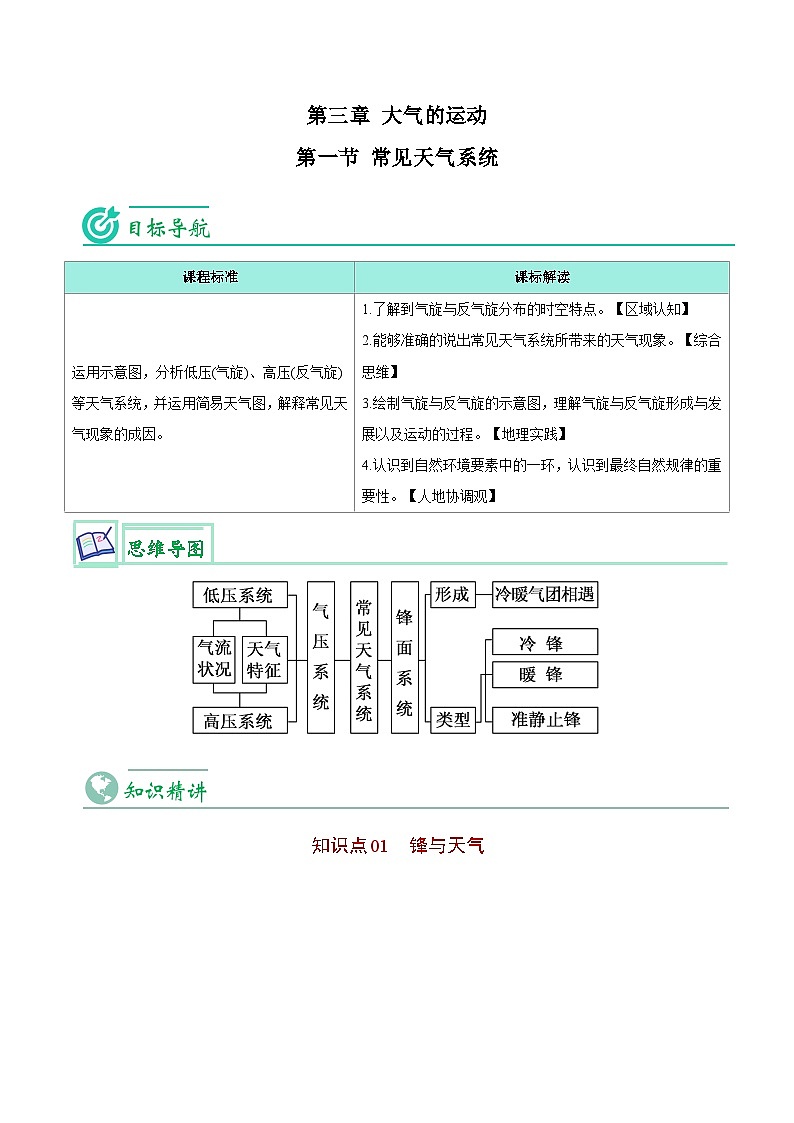 【同步讲义】高中地理（人教版2019）选修第一册--3.1《常见天气系统》讲义01