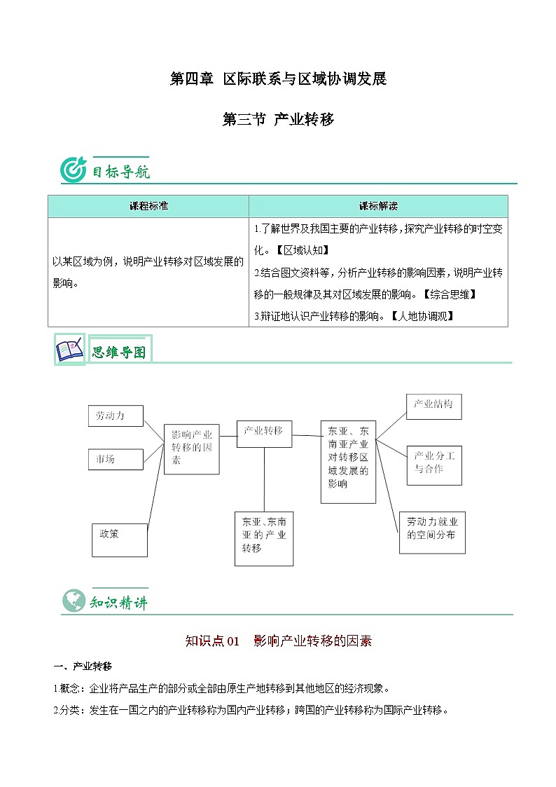 【同步讲义】高中地理（人教版2019）选修第二册--4.3《产业转移》讲义01