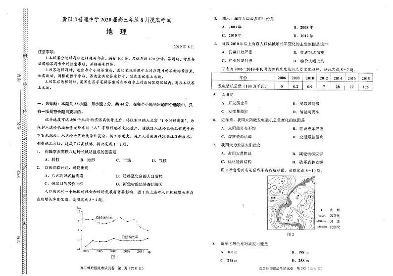 2020届贵州省贵阳市高三8月摸底考试地理试题 PDF版01