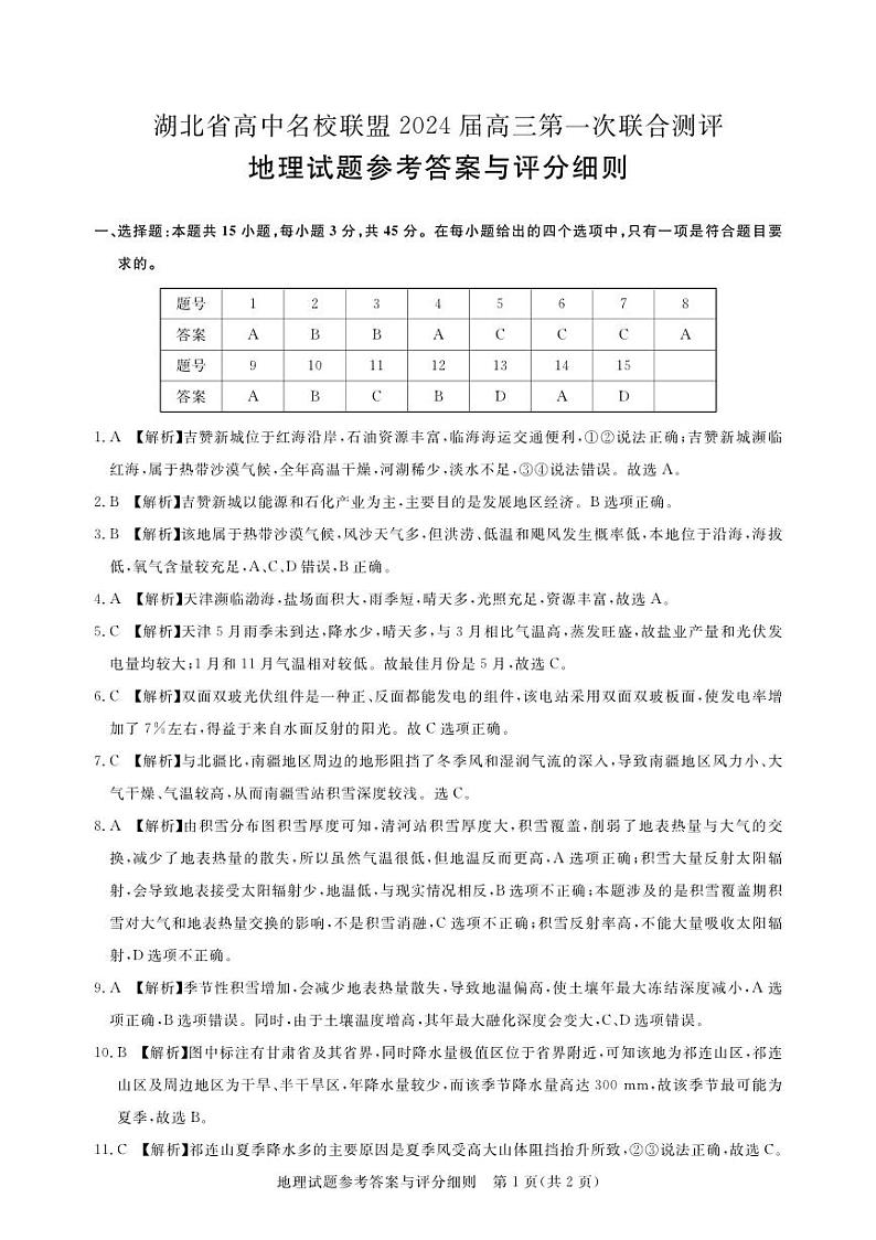 地理答案-湖北省高中名校联盟2024届高三第一次联合测评第1页