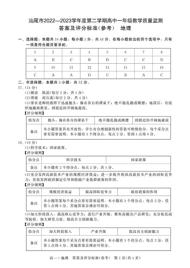 2023汕尾高一下学期期末地理PDF版含解析 试卷01