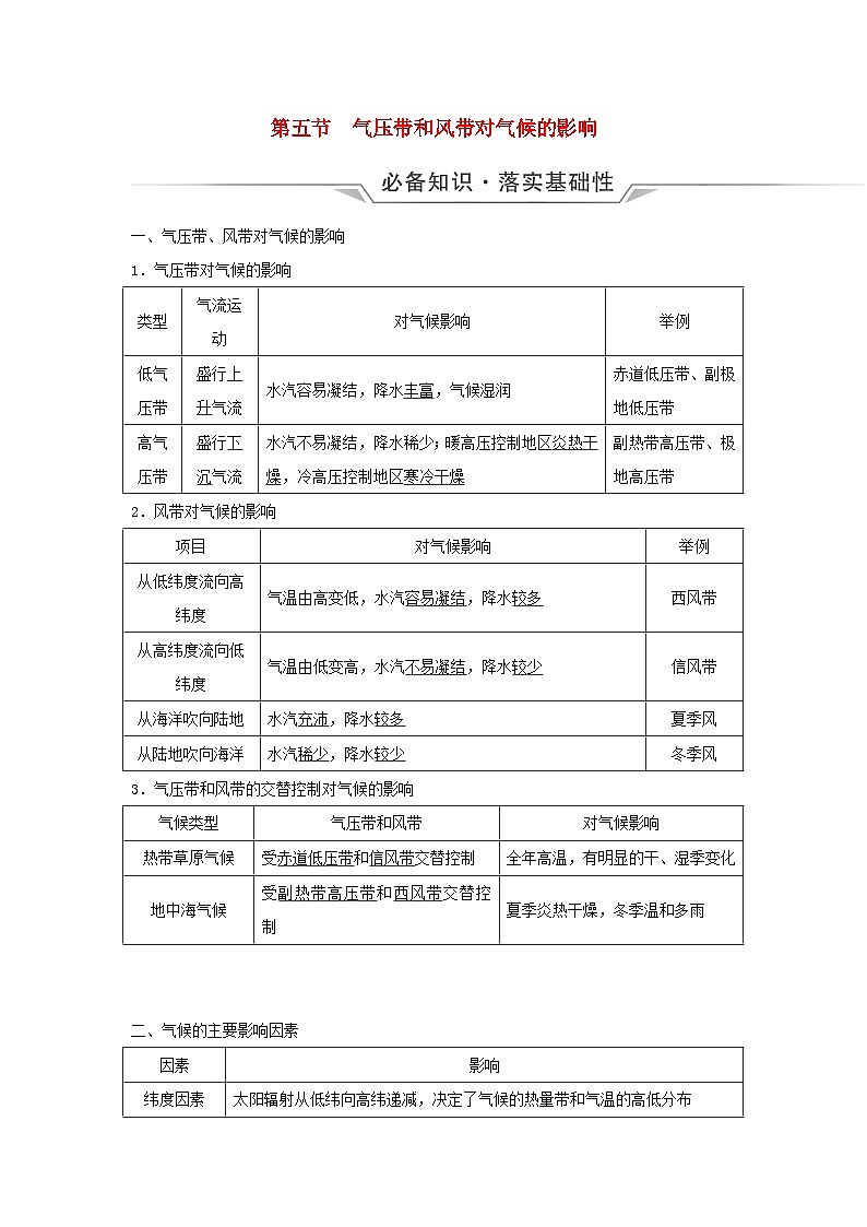2024版高考地理一轮总复习第2章地球上的大气第5节气压带和风带对气候的影响教师用书01