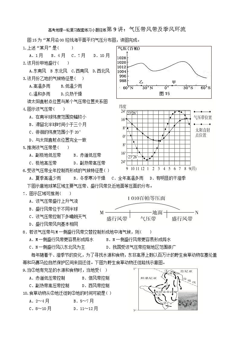 2024届高考地理一轮复习配套练习小题狂练第9讲：气压带风带及季风环流第1页