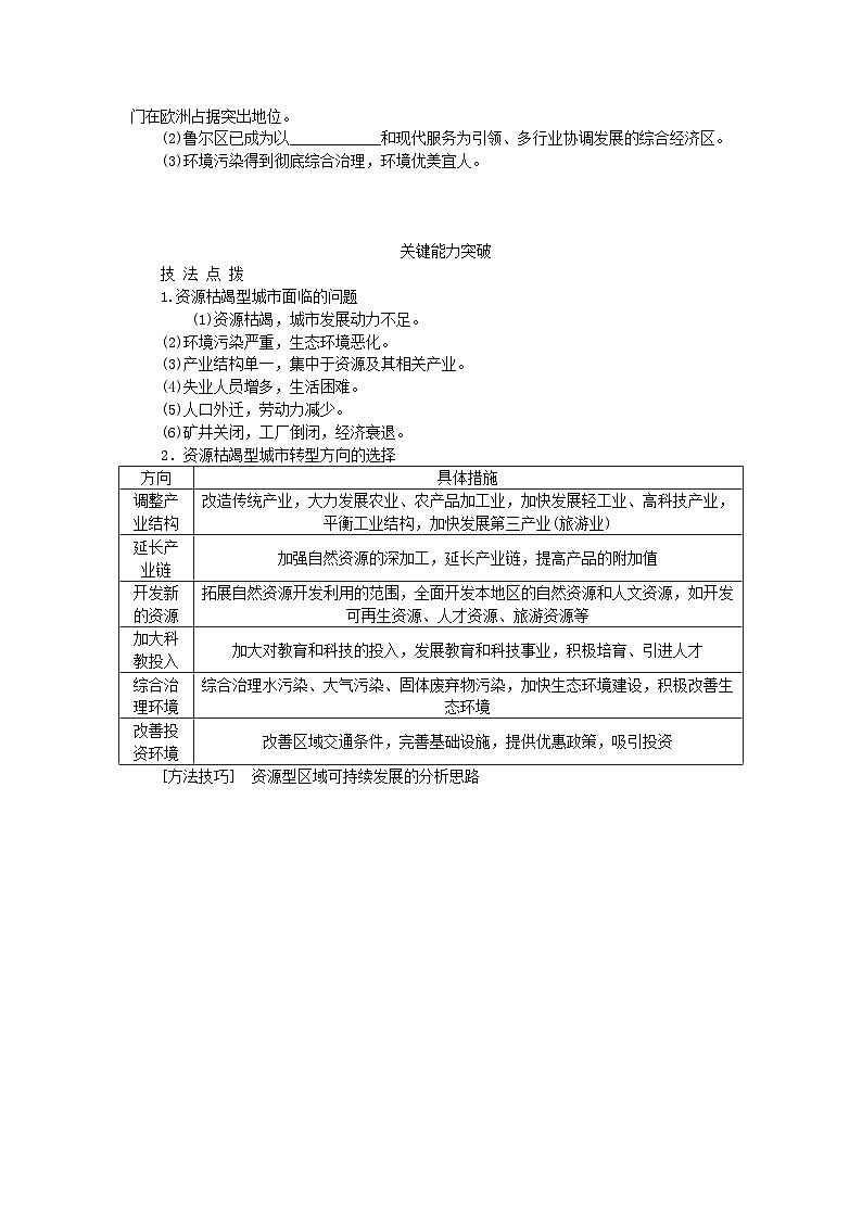 2024版新教材高考地理全程一轮总复习第三部分区域发展第十七章区域发展第75课时资源枯竭型地区的可持续发展__以德国鲁尔区为例学生用书湘教版02