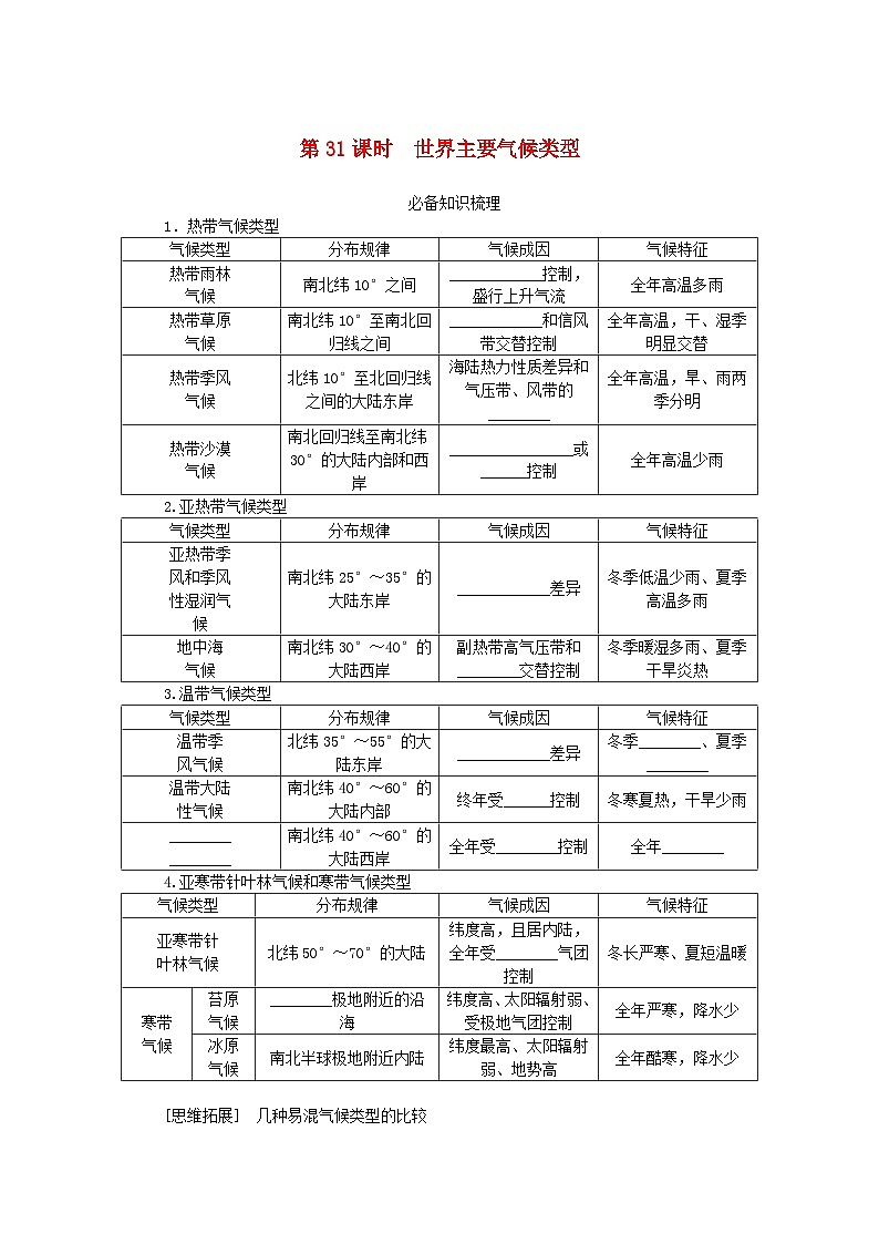 2024版新教材高考地理全程一轮总复习第一部分自然地理第六章大气环流与气候第31课时世界主要气候类型学生用书湘教版第1页