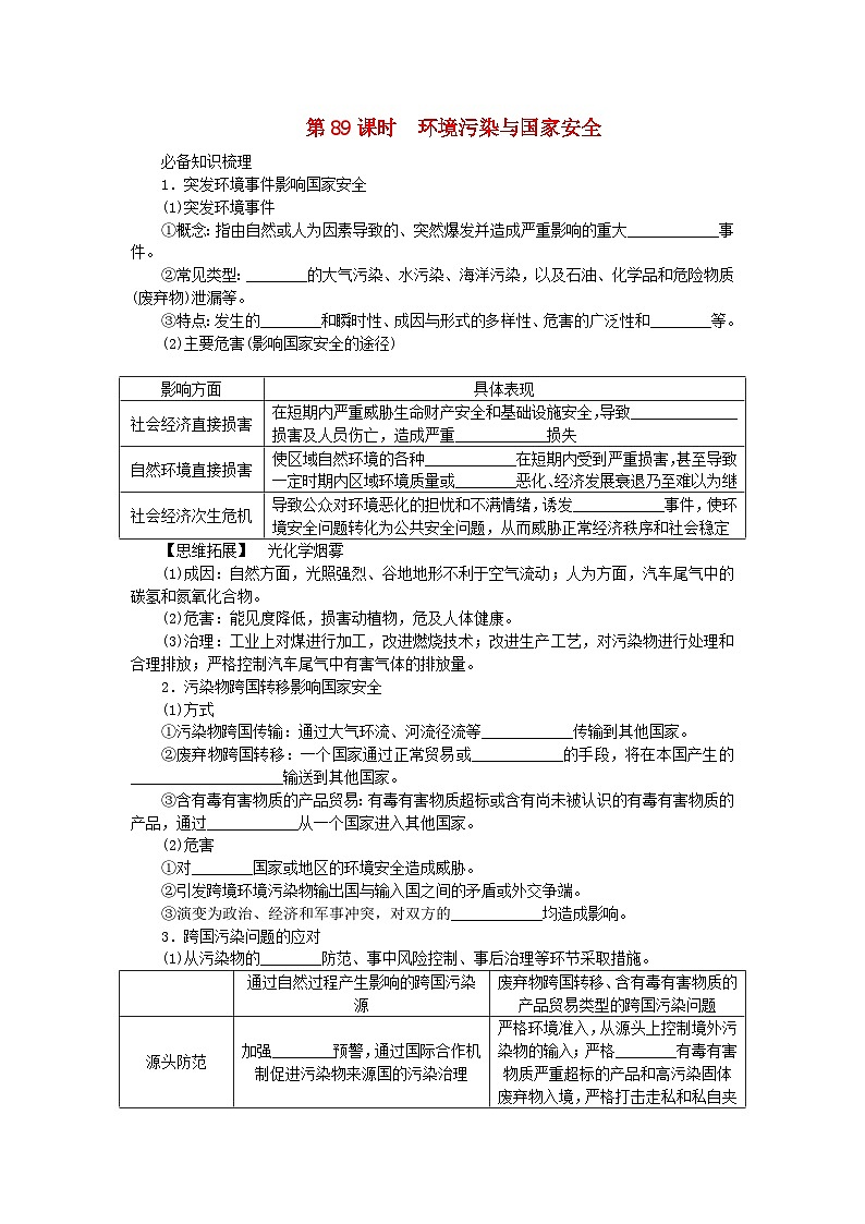 2024版新教材高考地理全程一轮总复习第四部分资源环境与国家安全第二十二章环境安全与国家安全第89课时环境污染与国家安全学生用书新人教版第1页