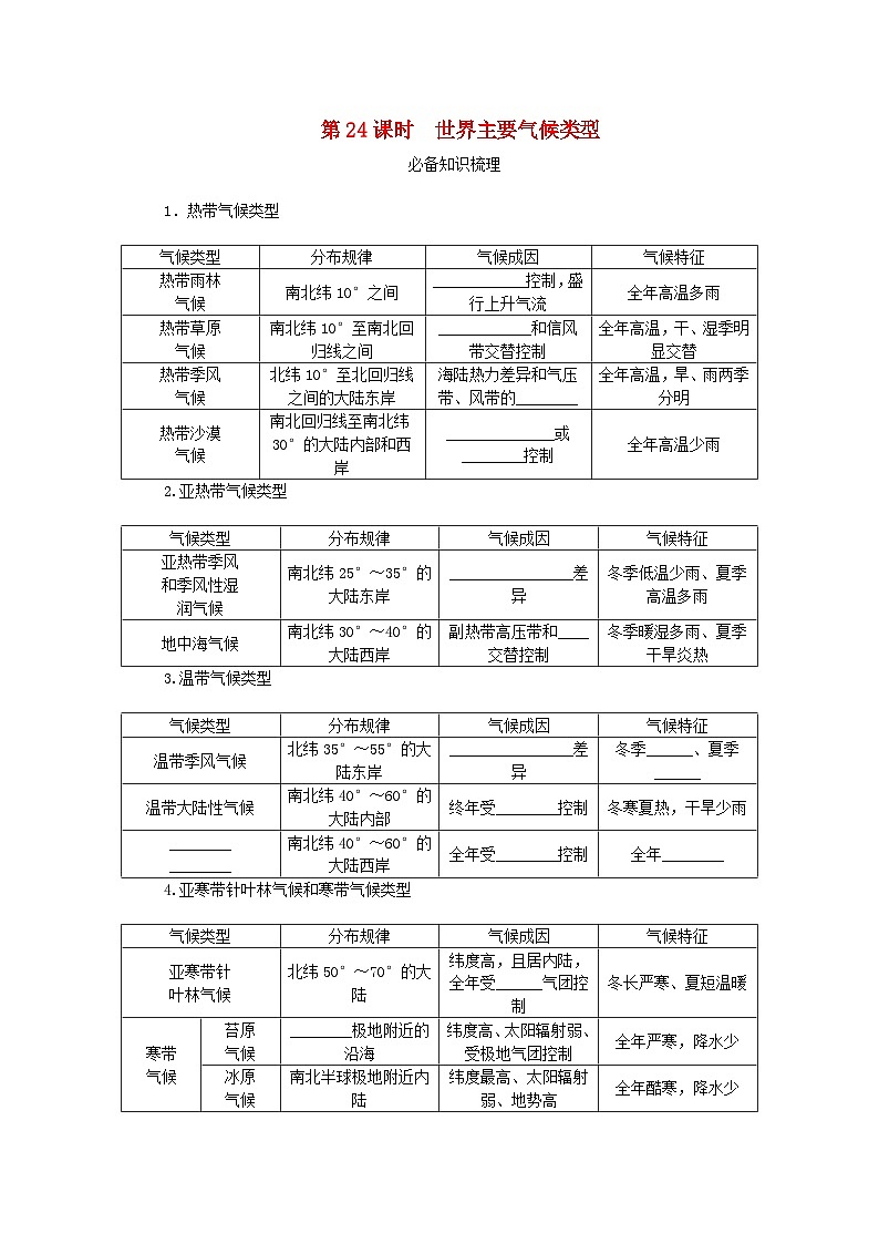2024版新教材高考地理全程一轮总复习第一部分自然地理第六章大气环流与气候第24课时世界主要气候类型学生用书新人教版第1页