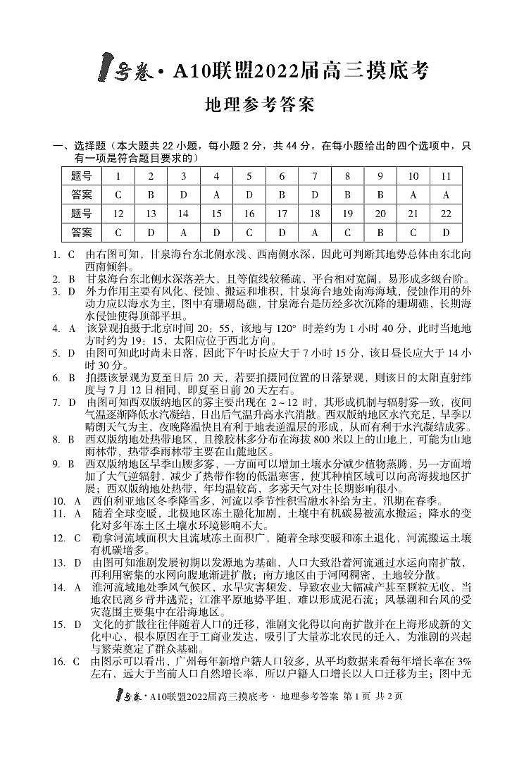 安徽省A10联盟2022届高三上学期摸底考试地理答案第1页