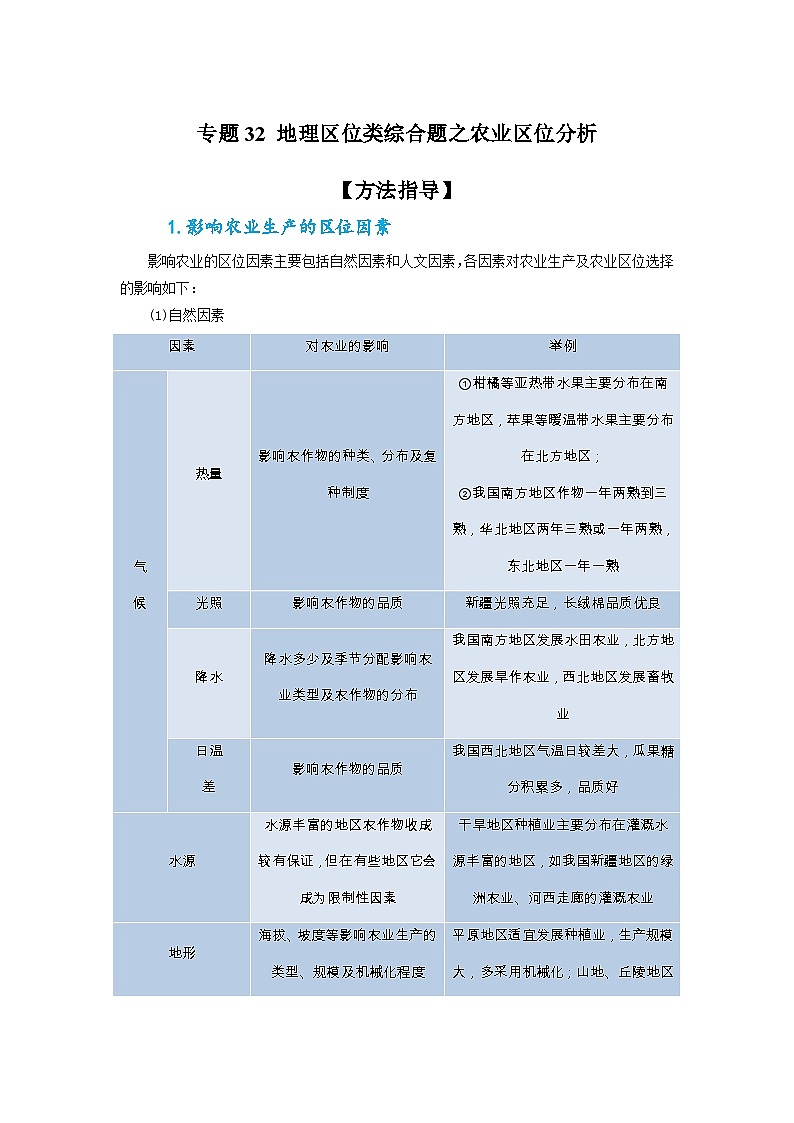 专题32 地理区位类综合题之农业区位分析（原卷版）-备战2021届高考地理二轮复习题型专练第1页