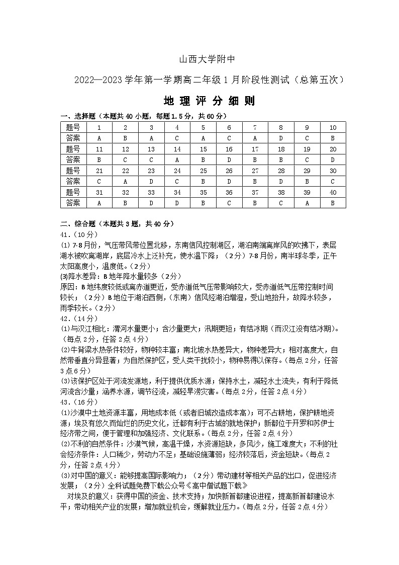 山西大学附属中学校2022-2023学年高二上学期1月期末考试地理评分细则第1页