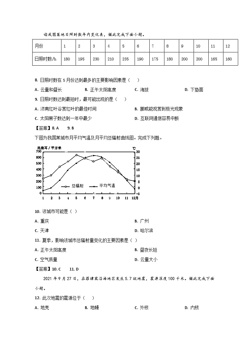 山东省济南市山东师大附中2021-2022学年高一上学期第一次月考地理试题含答案第3页