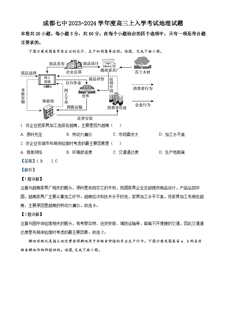 四川省成都市第七中学2023-2024学年高三上学期入学考试地理试题01