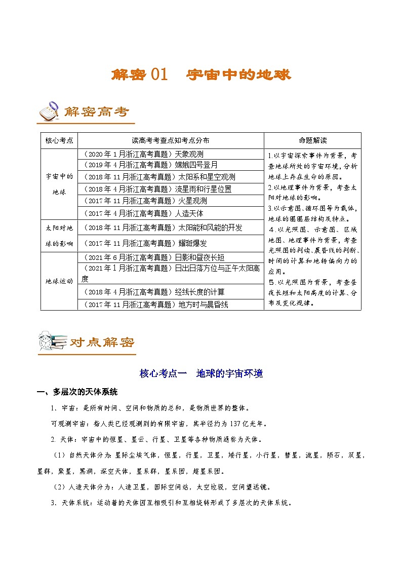 解密01 宇宙中的地球（讲义）-【高频考点解密】2022年浙江高考地理二轮复习讲义+分层训练（浙江专用）第1页