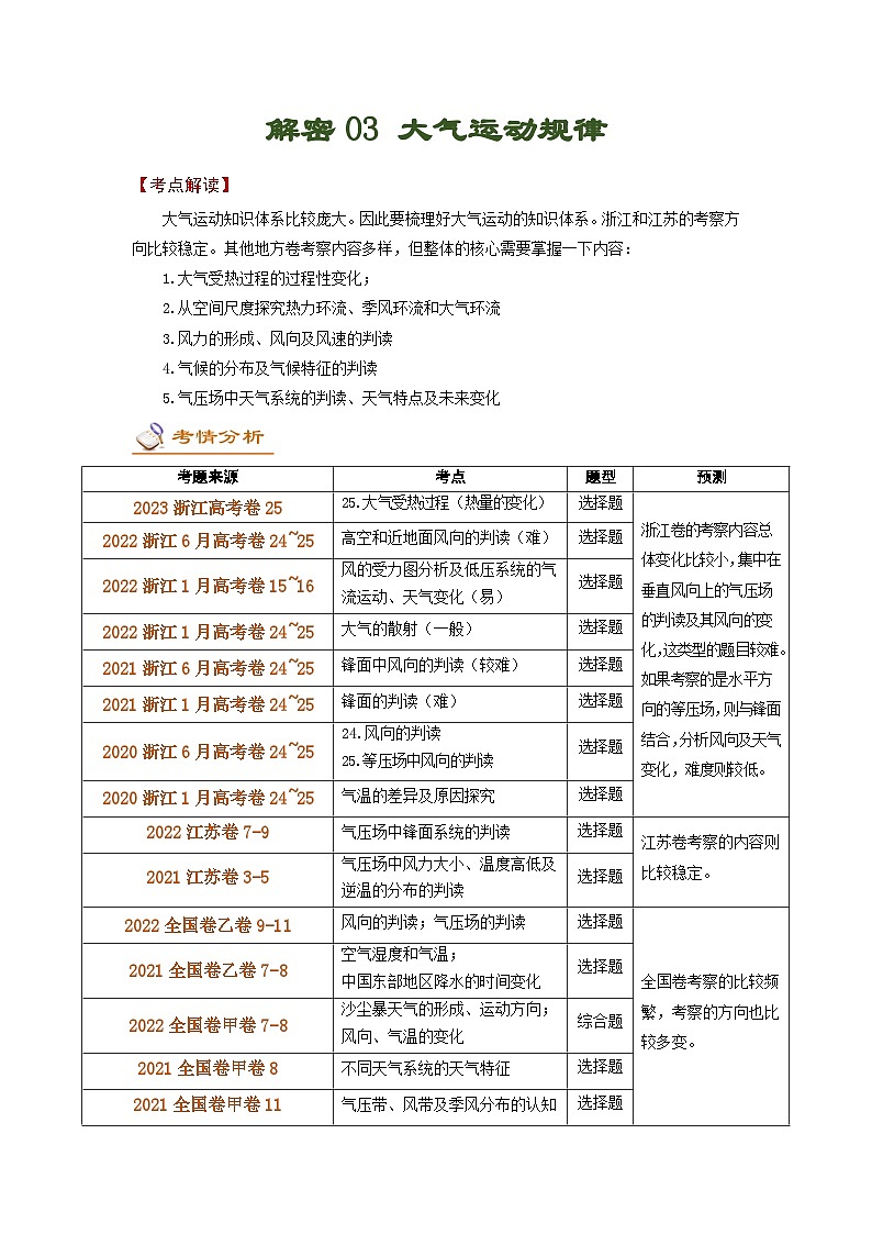解密03 大气运动规律（讲义）-【高频考点解密】2023年高考地理二轮复习讲义+课件+分层训练（全国通用）第1页