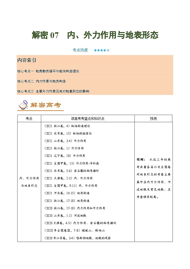 解密07 内、外力与地表形态（讲义）-【高频考点解密】2022年高考地理二轮复习讲义+分层训练（新高考专用）第1页