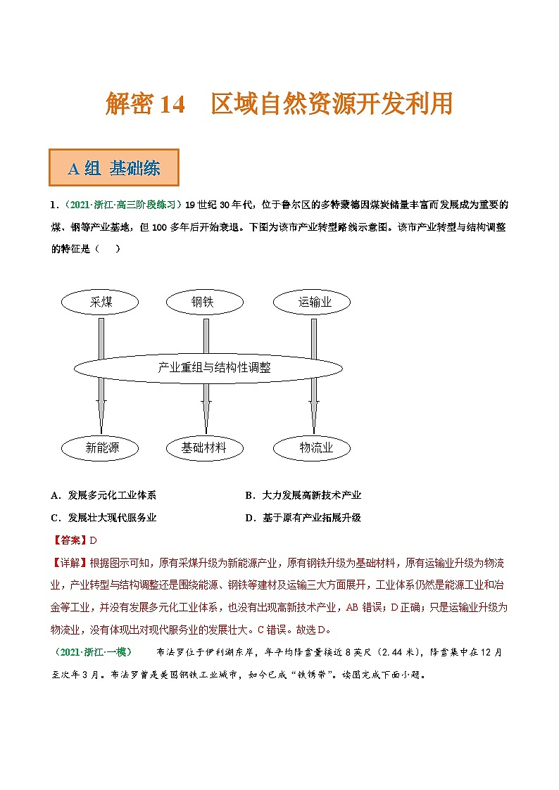 解密14 区域自然资源开发利用（分层训练）-【高频考点解密】2022年高考地理二轮复习讲义+分层训练（浙江专用）（解析版）第1页