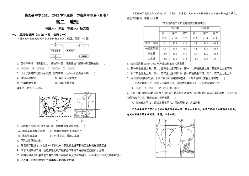 甘肃省临夏州临夏县中学2021-2022学年高二上学期期中考试地理试题（B卷）【试卷+答案】第1页
