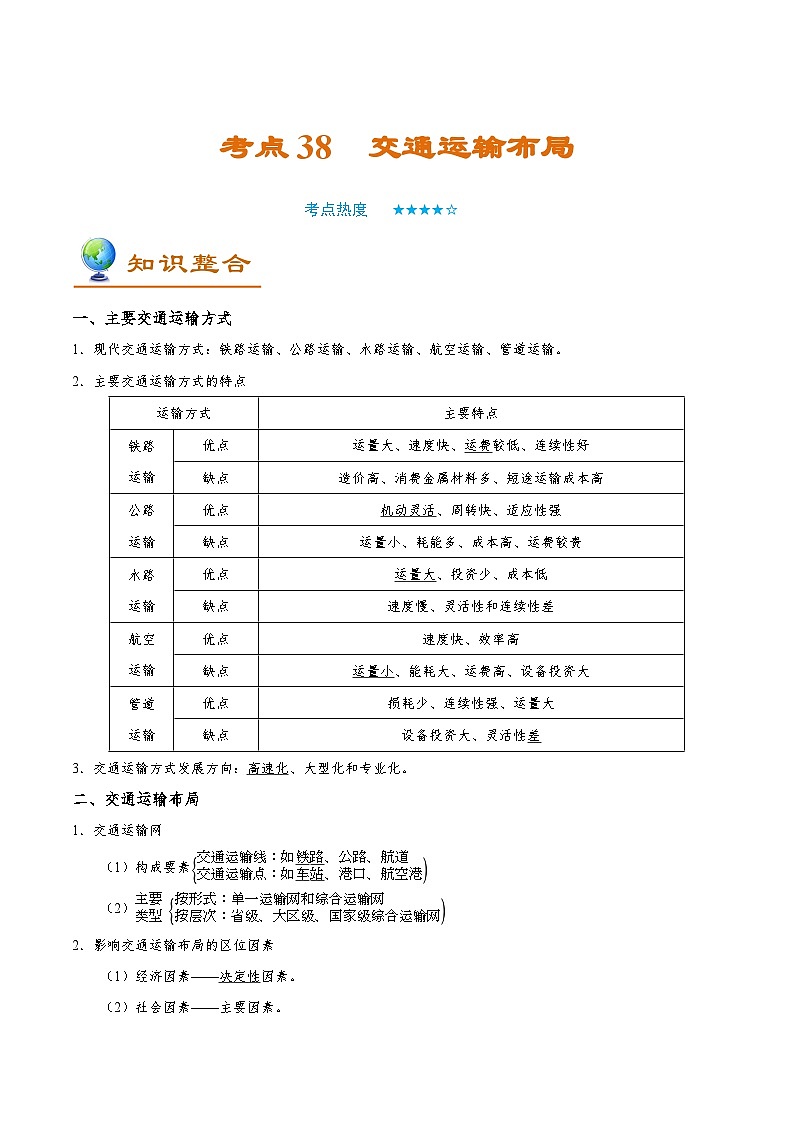 考点38 交通运输布局-备战2022年高考地理一轮复习考点帮 试卷01