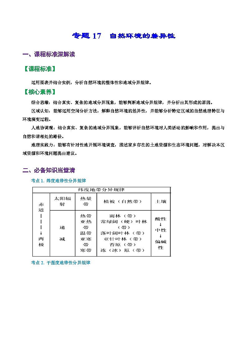 专题17 自然环境的差异性（精品讲义）-备战2023年高考地理一轮复习全考点精讲练（浙江专用）（原卷版）第1页