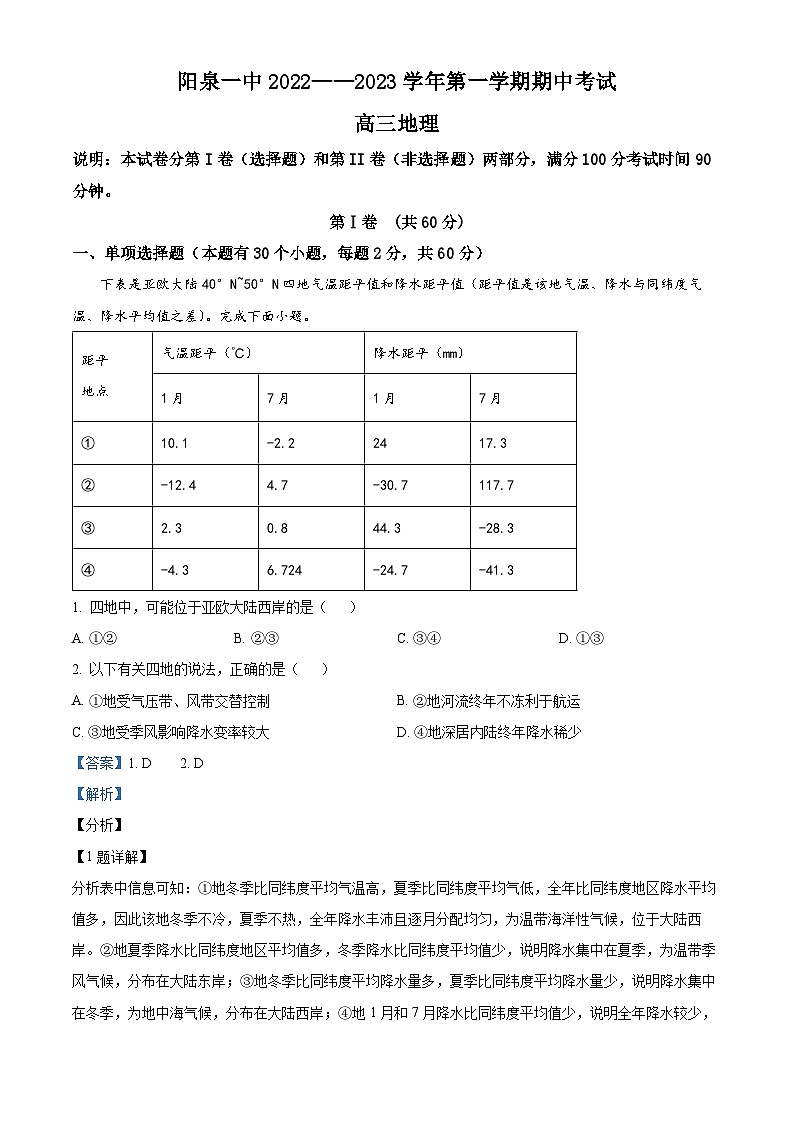 山西省阳泉市第一中学2022-2023学年高三地理上学期期中试题（Word版附解析）01