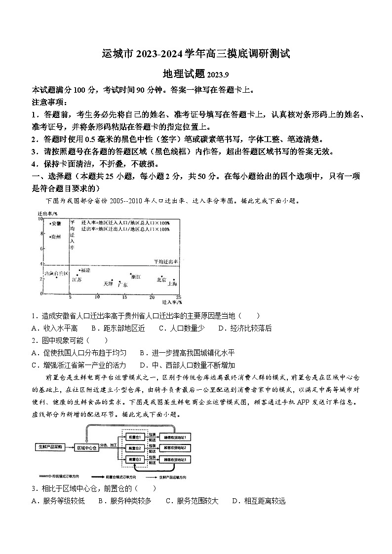 山西省运城市2023-2024学年高三上学期摸底调研测试地理试题01