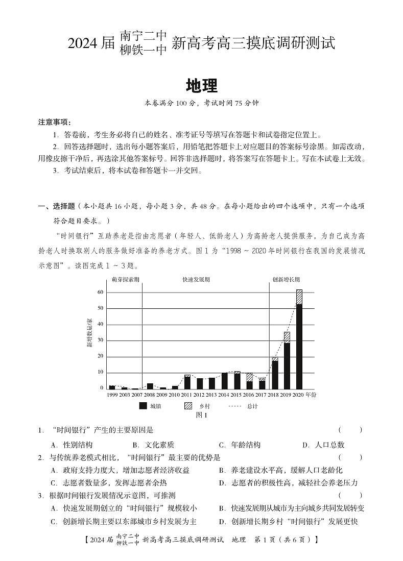 2024南宁二中、柳铁一中高三上学期摸底调研测试地理PDF版含解析01
