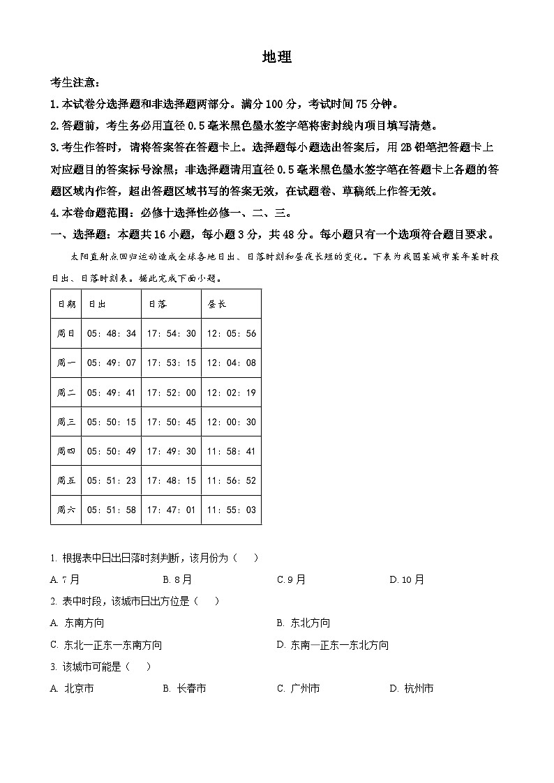 安徽省皖江名校联盟2023-2024学年高三地理上学期开学考试试题（Word版附解析）第1页