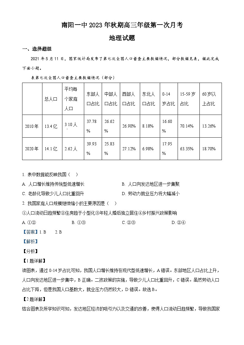 河南省南阳市第一中学校2023-2024学年高三上学期第一次月考地理试题01