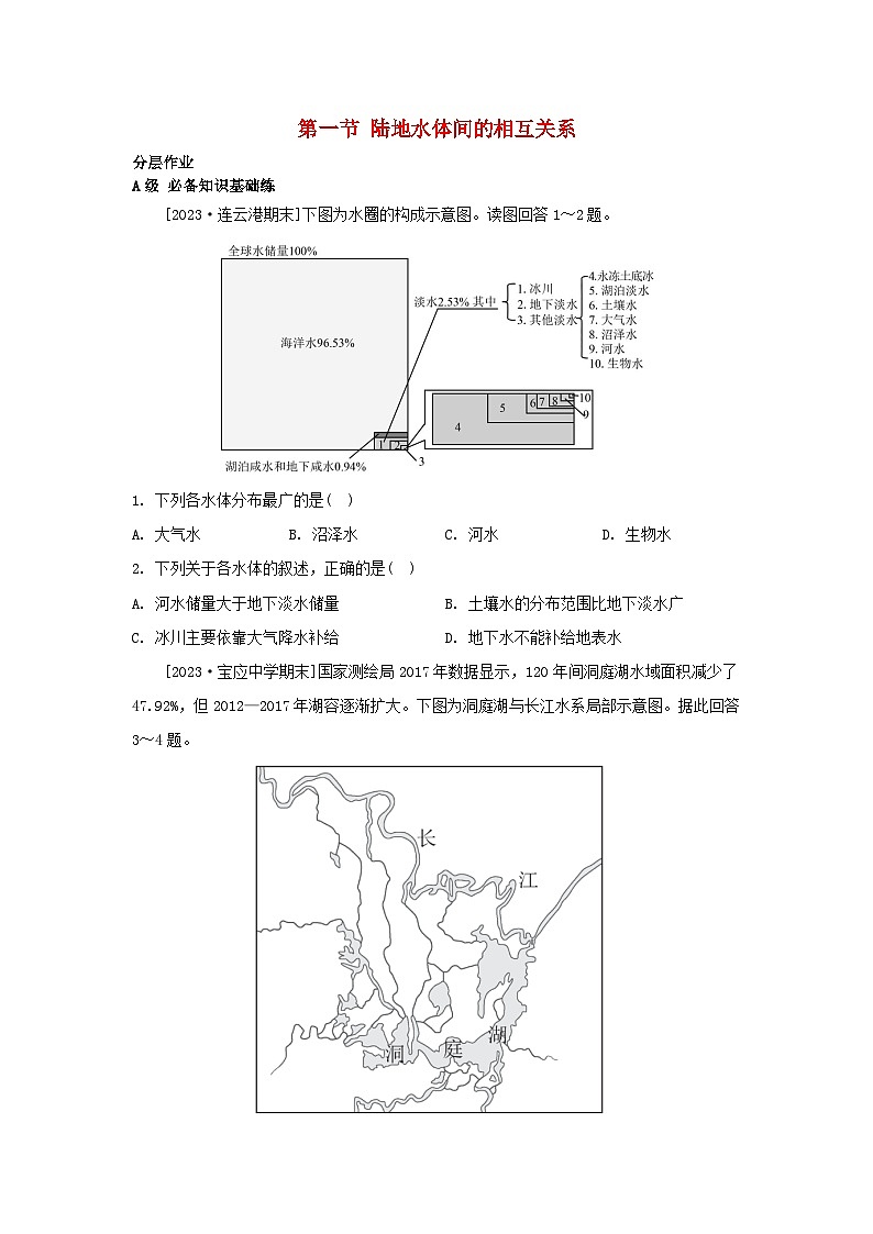 江苏专版2023_2024学年新教材高中地理第四章陆地水与洋流第一节陆地水体间的相互关系分层作业湘教版选择性必修1第1页