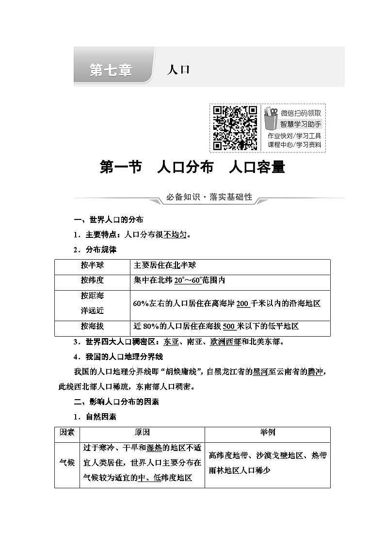 高考地理一轮复习第7章第1节人口分布人口容量学案第1页