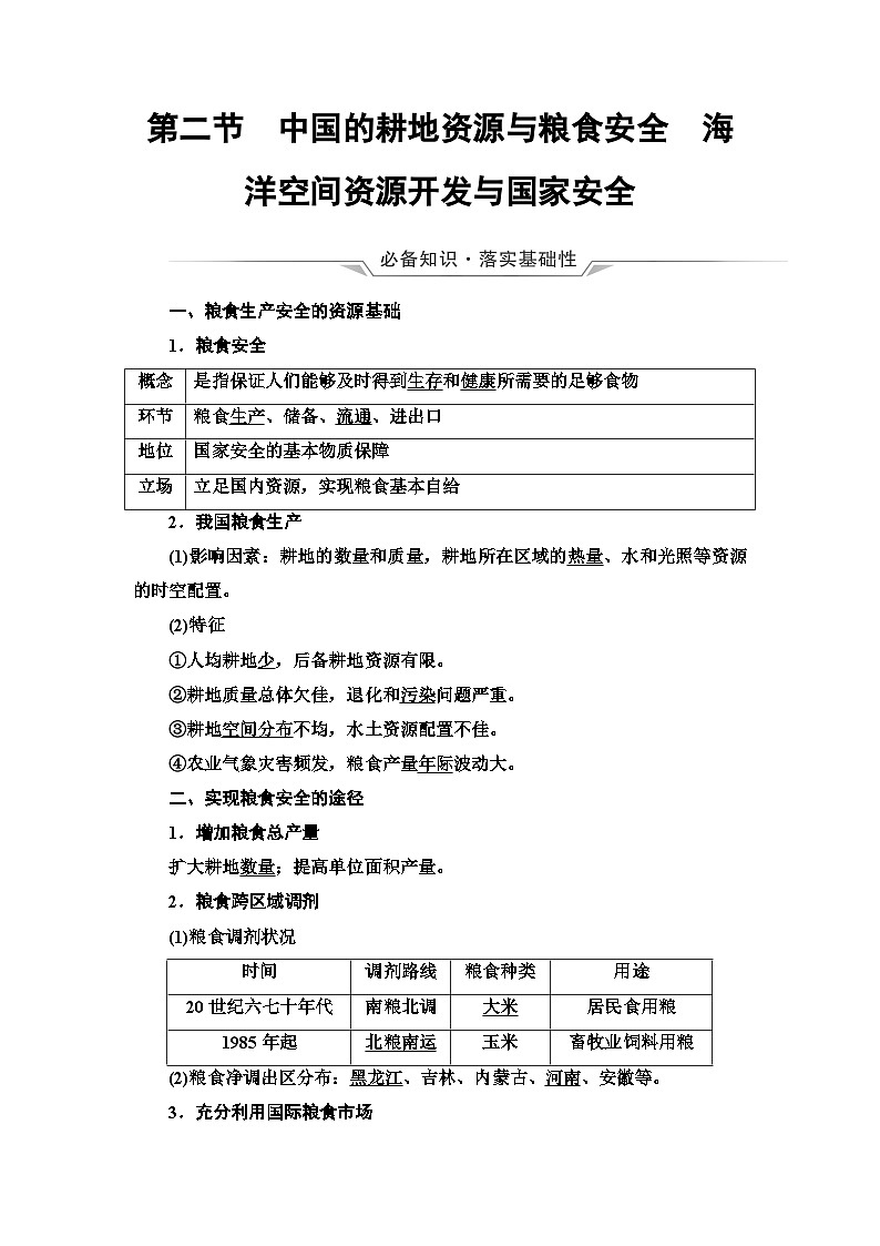 高考地理一轮复习第17章第2节中国的耕地资源与粮食安全海洋空间资源开发与国家安全学案01