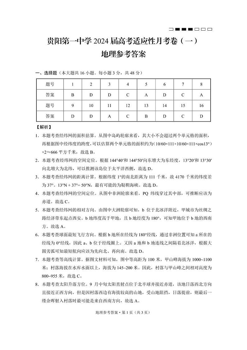 贵阳第一中学2024届高考适应性月考卷（一）地理-答案第1页