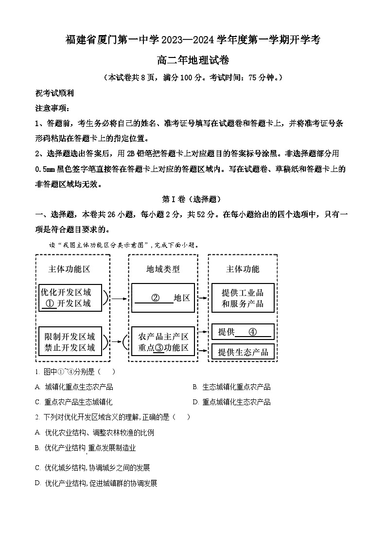 福建省厦门市第一中学2023-2024学年高二地理上学期开学考试试题（Word版附解析）01