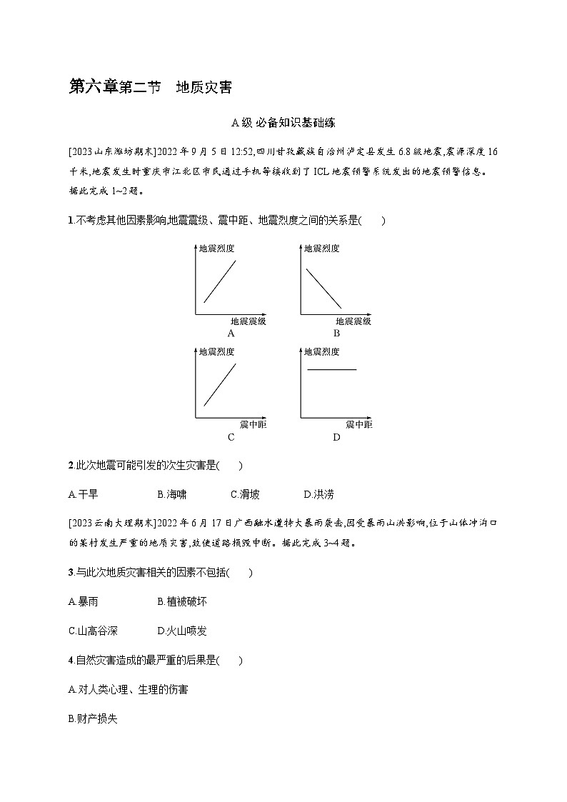 人教版高中地理必修第一册第6章自然灾害第2节地质灾害习题含答案01