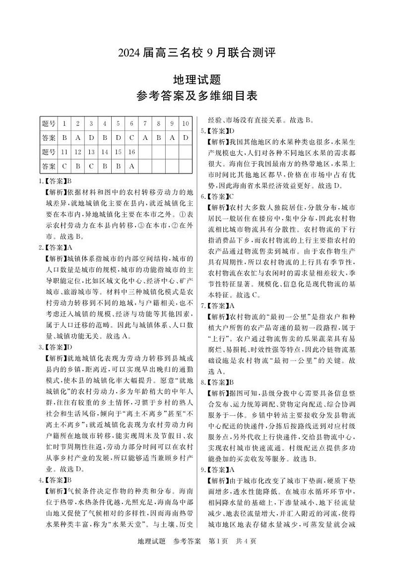 江西省2024届高三名校9月联合测评地理答案和解析第1页