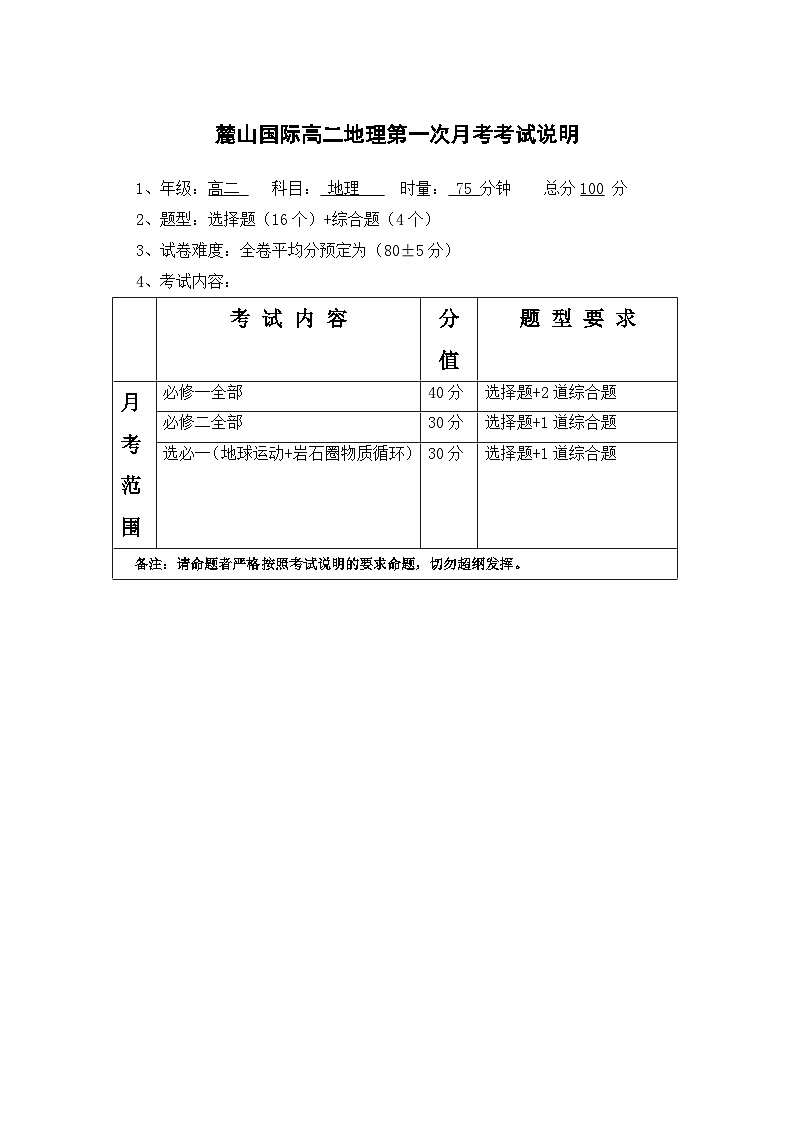 麓山国际实验学校高二第一次月考地理考试说明第1页