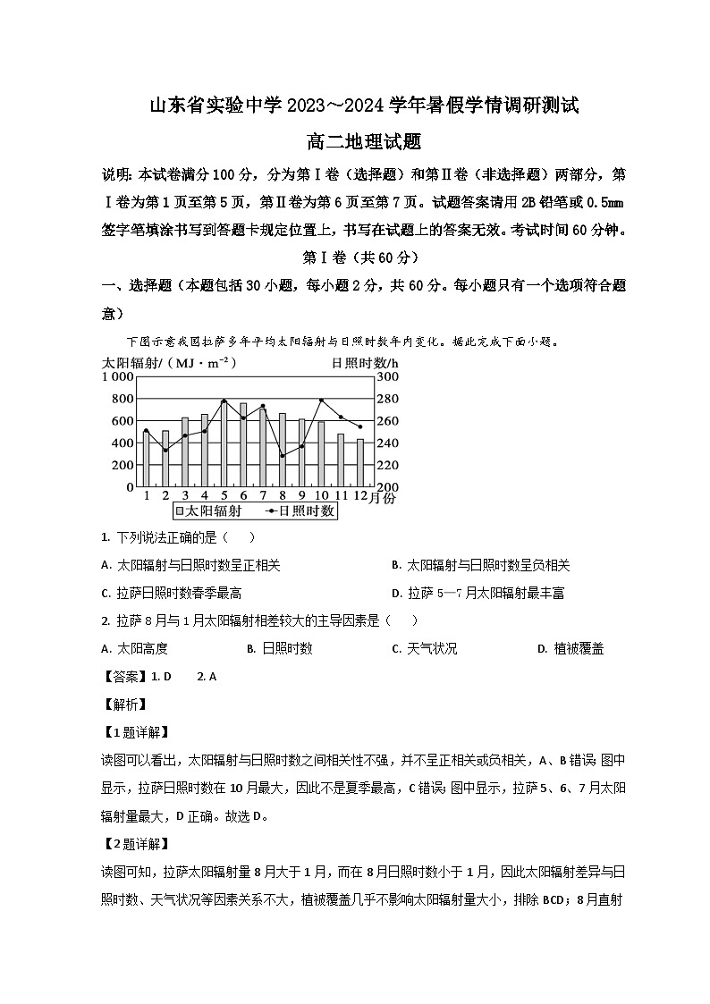 山东省济南市山东省实验中学2023-2024学年高二上学期开学检测地理试题含解析第1页