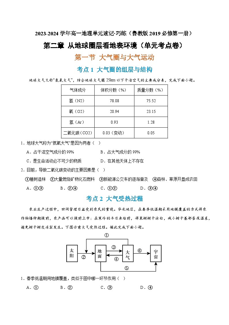 【期中模拟卷】（鲁教版2019）2023-2024学年高一上学期地理 必修第一册 第二章 从地球圈层看地表环境（单元考点卷）.zip01