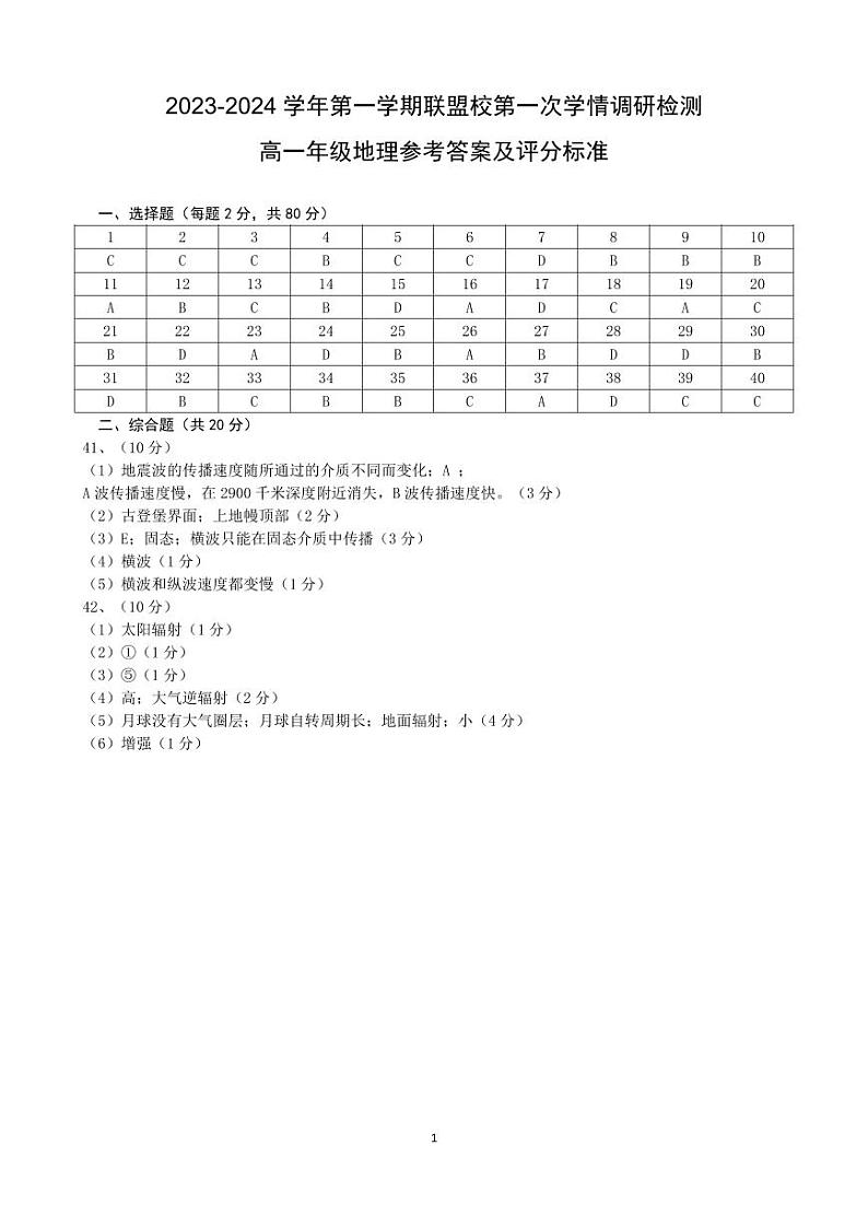 江苏省盐城市五校联盟校2023-2024学年高一上学期10月第一次学情调研检测地理试卷（ 含答案）01