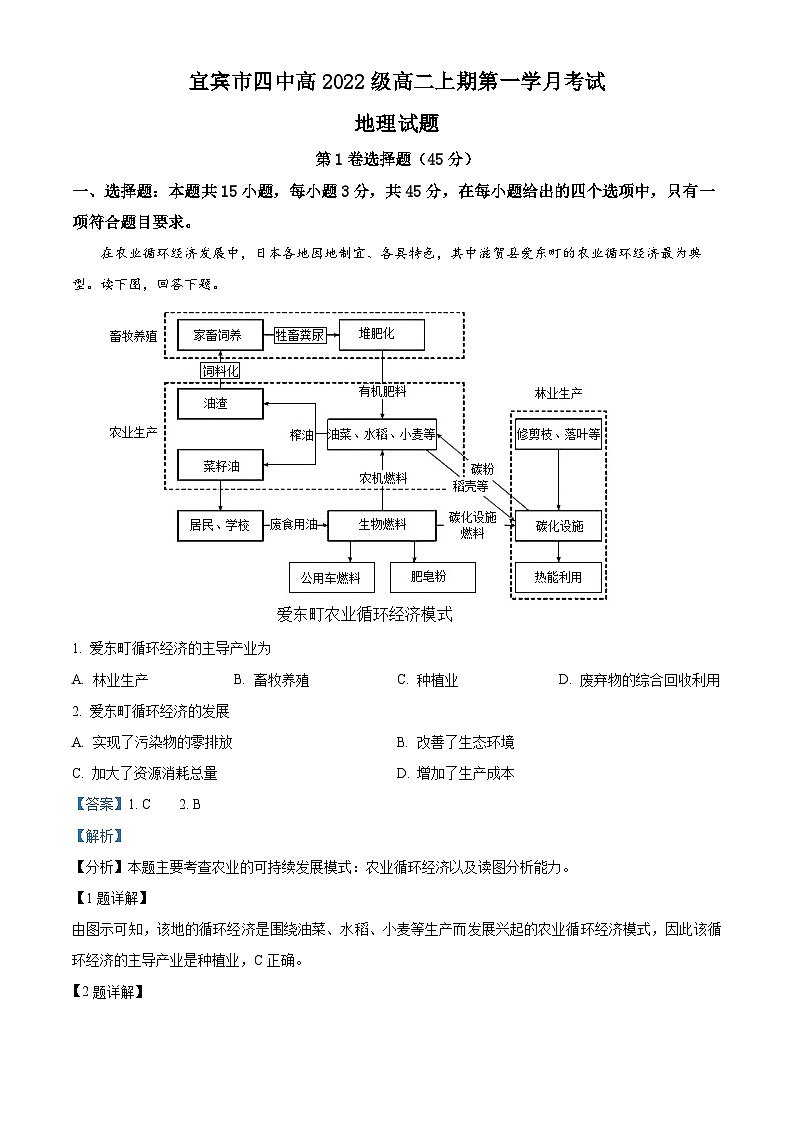 四川省宜宾市第四中学2023-2024学年高二地理上学期9月月考试题（Word版附解析）第1页