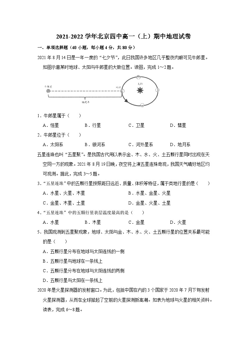 2021-2022学年北京四中高一（上）期中地理试卷(1)第1页