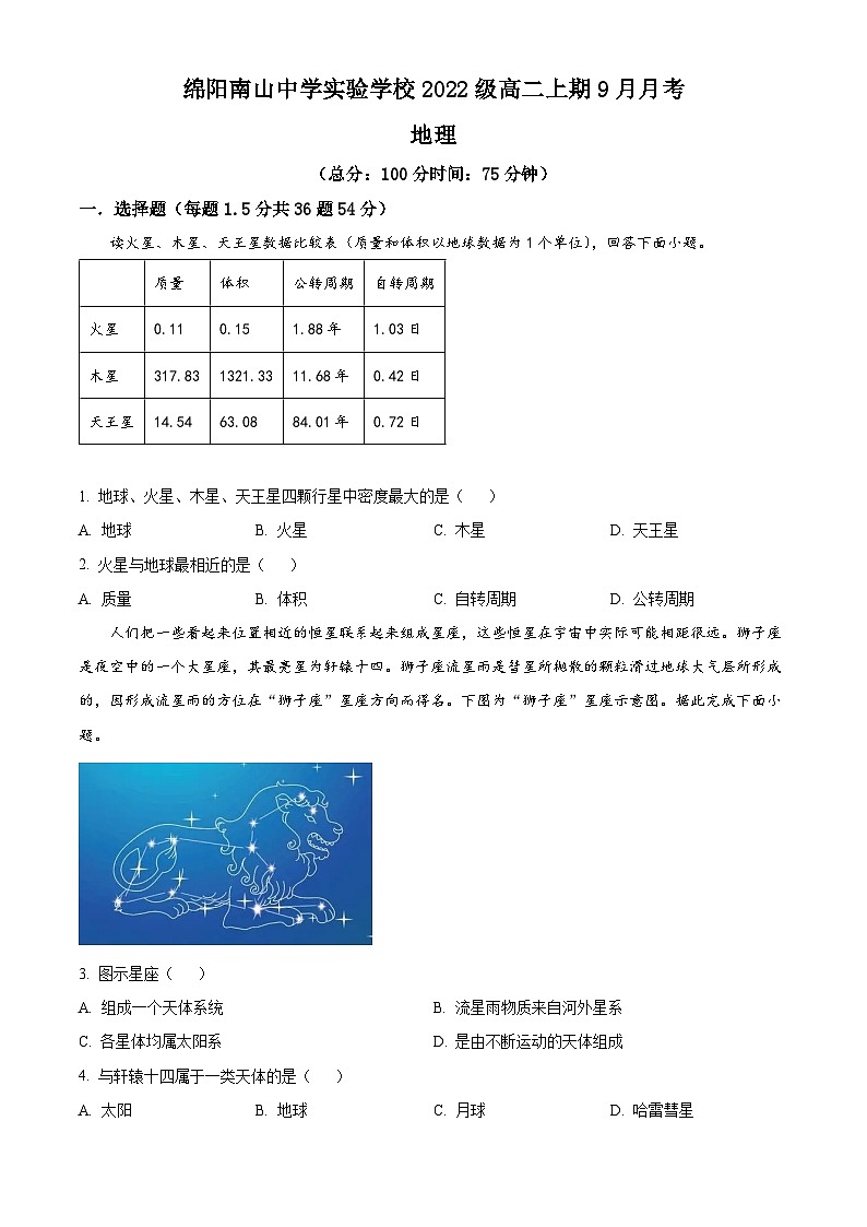 四川省绵阳南山中学实验学校2023-2024学年高二上学期9月月考地理试题无答案第1页