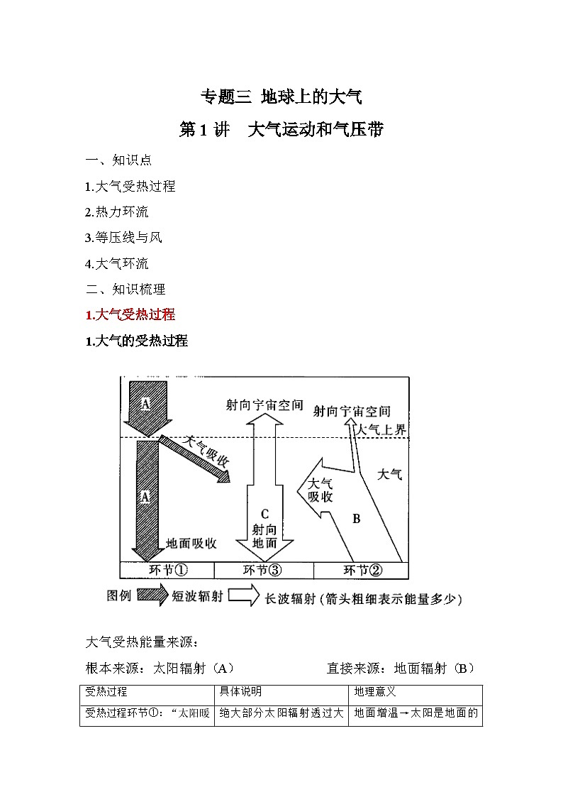 专题三 地球上的大气 第1讲 大气运动和气压带（讲义） 高考地理一轮复习01
