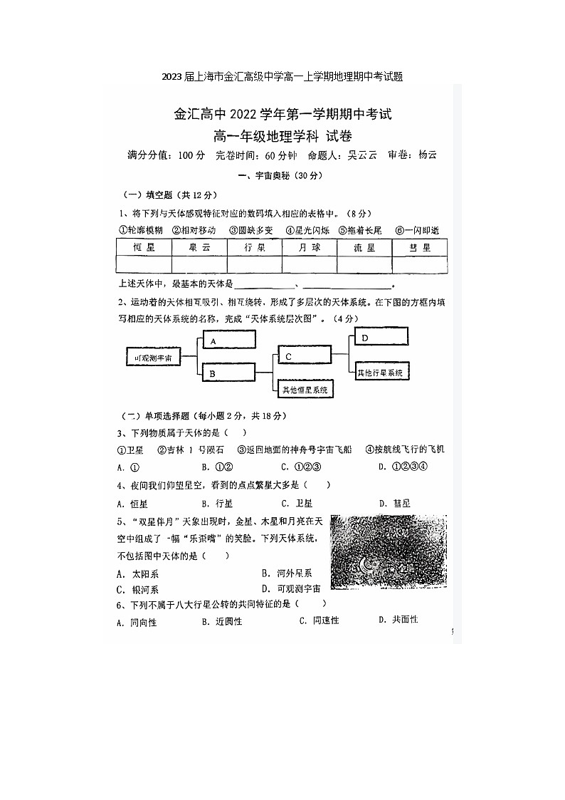 2023届上海市金汇高级中学高一上学期地理期中考试题第1页