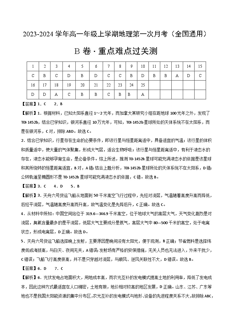 （人教版2019）2023-2024学年高一地理上学期 第一次月考B卷.zip01